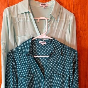 Lot of Express Portofino Mint Green Blouse & Teal Polka Dot Button-Up